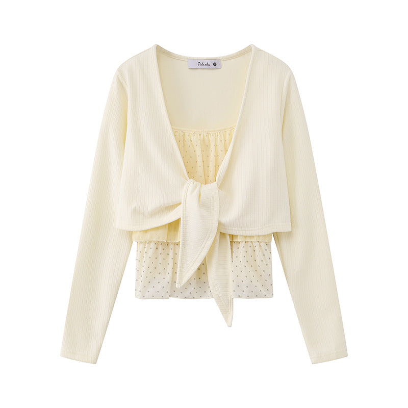 Women's Two-Piece Long Sleeve Top with Knot Front and Delicate Chiffon Under Top Amarae