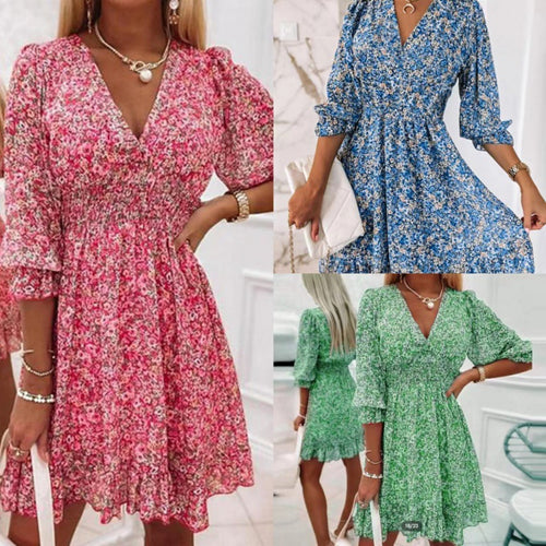 Mini floral V neck dress for women with gathered waist Amarae