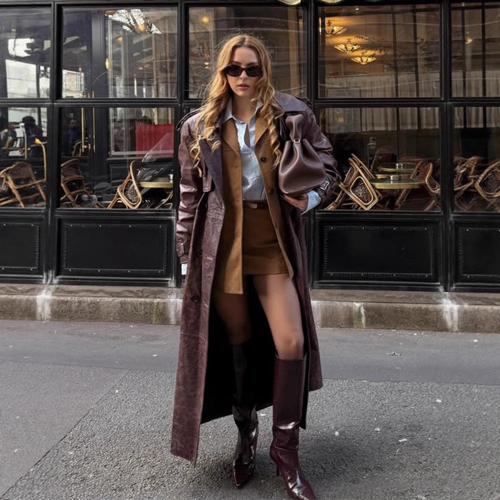 Women Long Trench Coat Made of Faux Leather with Oversized Shoulders and Tailored Silhouette Amarae