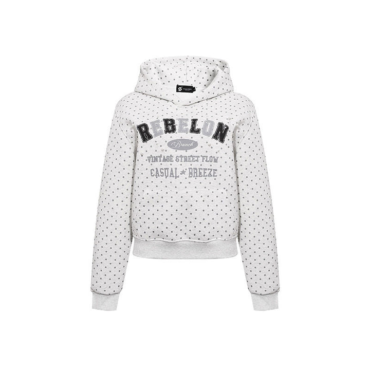 Women's hoodie with polka dot, college print, and ribbed hem Amarae