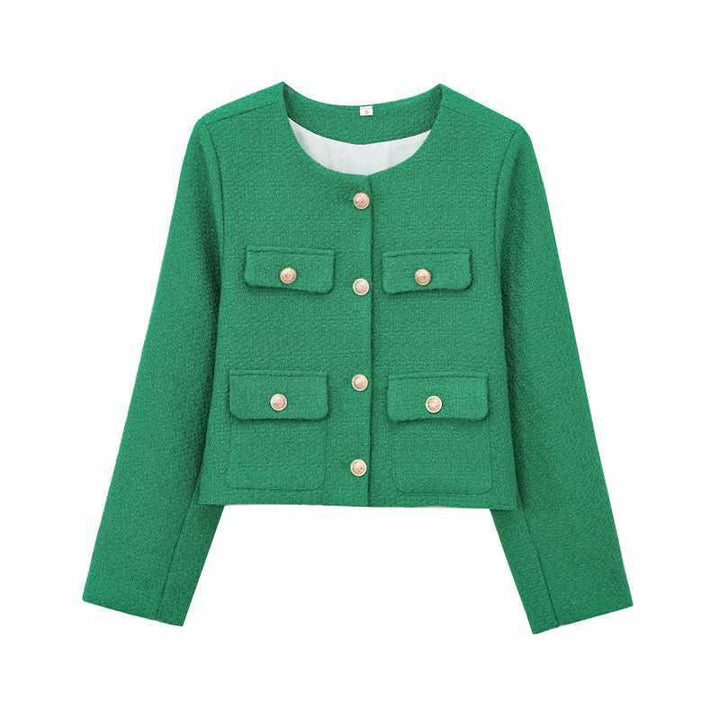 Fashionable tweed jacket for women with golden buttons and practical pockets Lune London