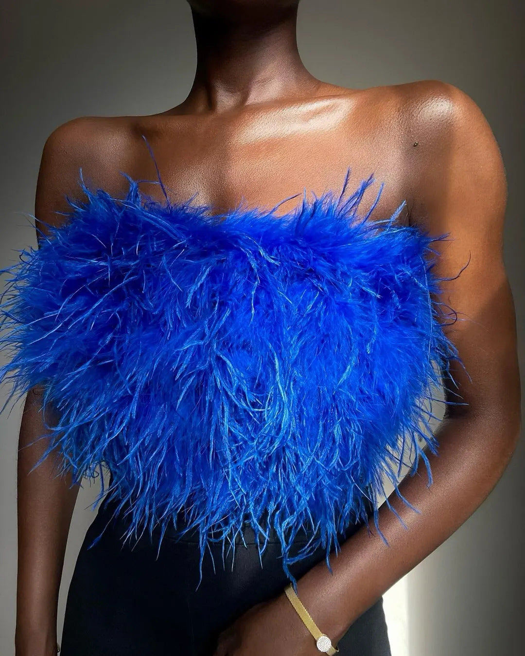 Women's Glamorous Plush Top with Removable Straps and Fringed Details Lune London