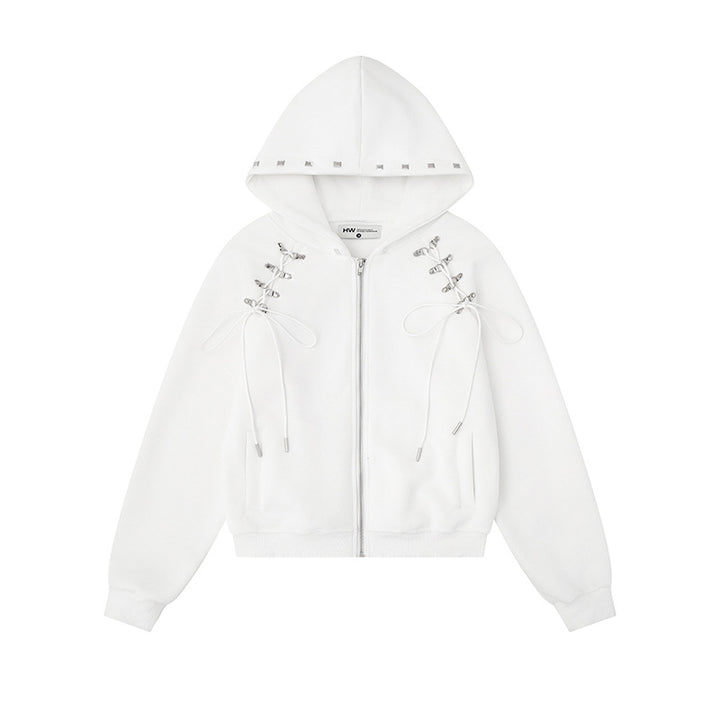 Women's hooded sweat jacket with lacing, metal eyelets, and long zipper Amarae