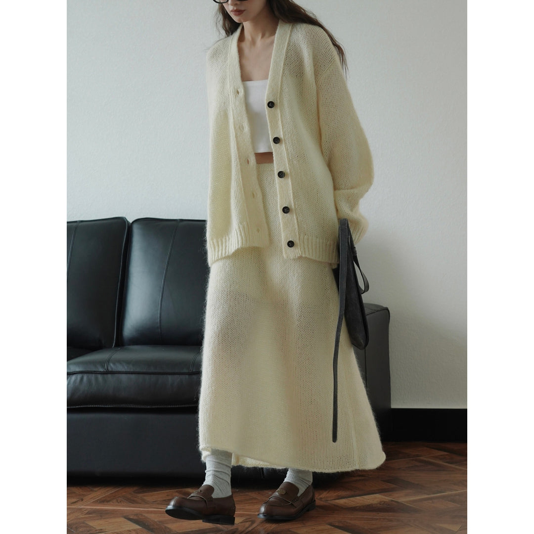 Ladies Cozy Mohair Look Knitting Set made of Cardigan and Maxi Skirt Amarae