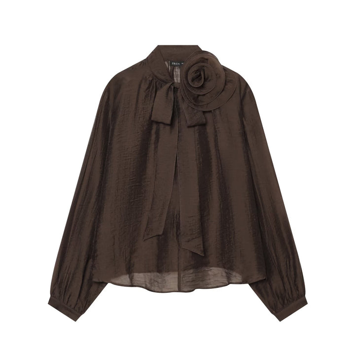 Women's Transparent Chiffon Blouse with Bow Collar, Voluminous Sleeves and Floral Brooch