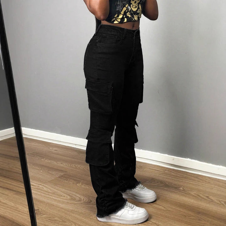 Ladies High-Waisted Cargo Jeans with Multiple Flap Pockets and Long Leg Amarae