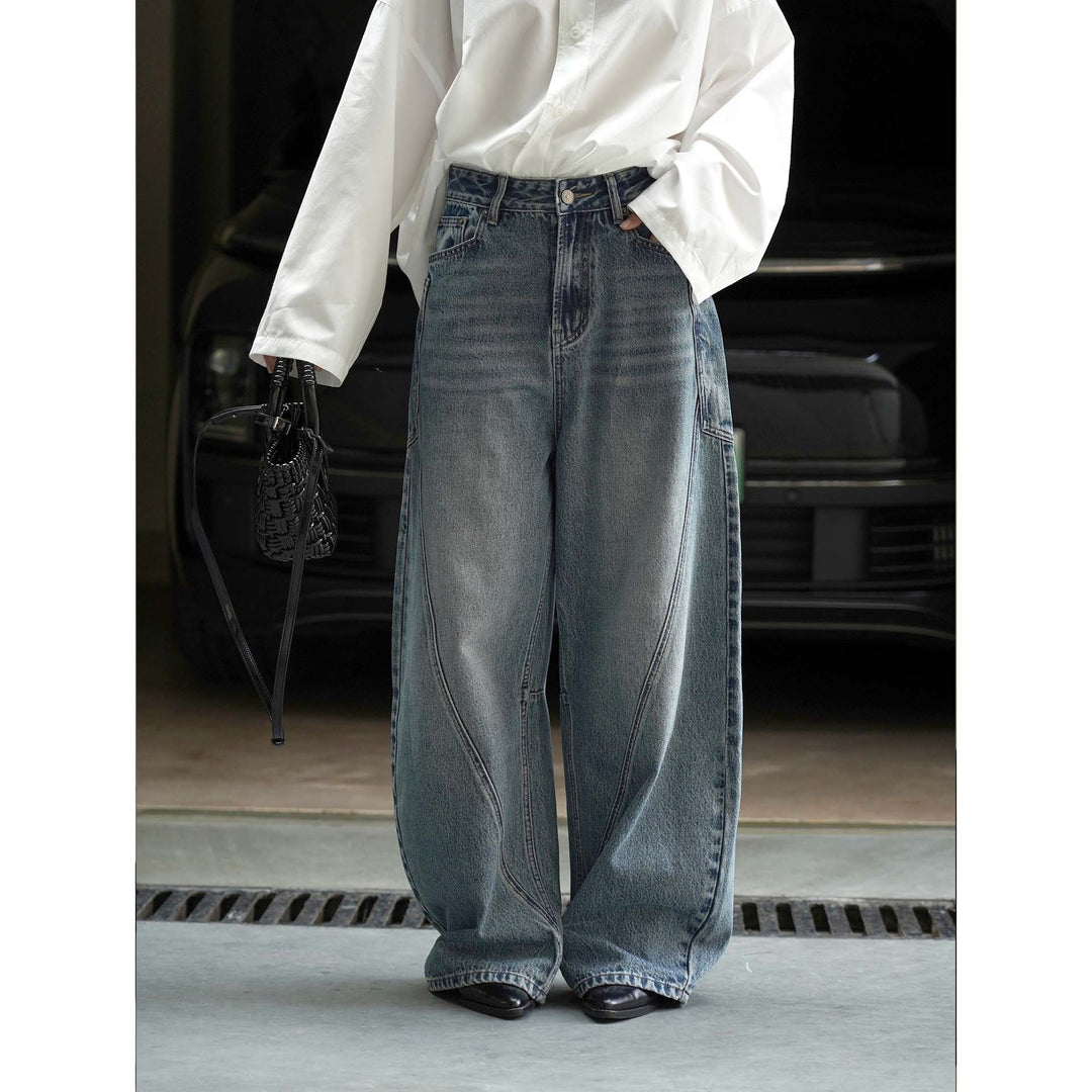 Women's High-Waisted Baggy Denim Pants with Curved Seam Details Amarae