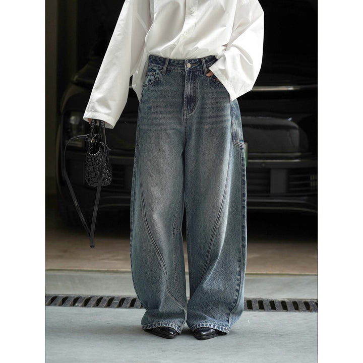 Women's High-Waisted Baggy Denim Pants with Curved Seam Details Amarae