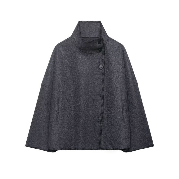 Ladies Wool Blend Cape with High Stand Collar, Button Placket and Decorative Stitching