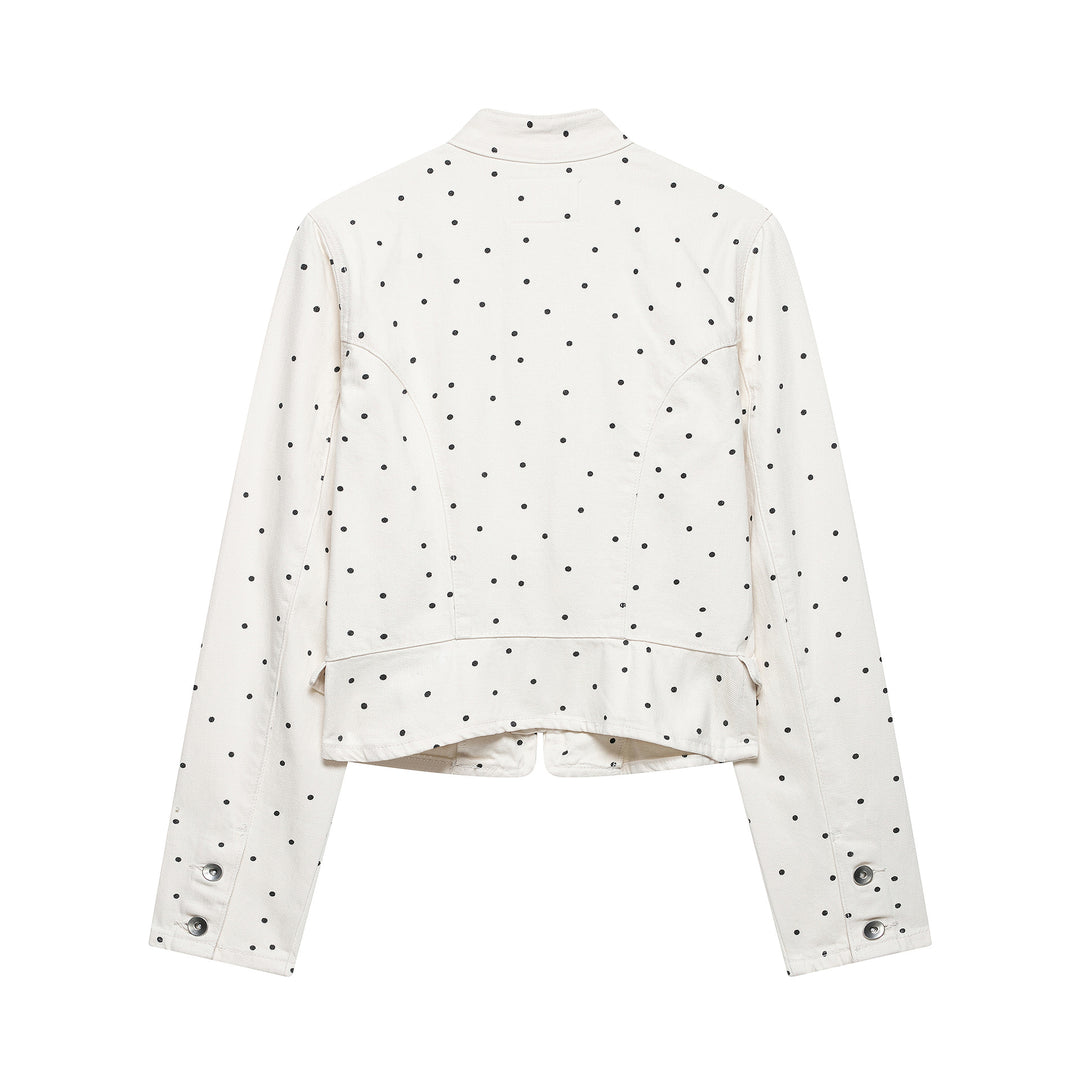 Women's Polka Dot Cropped Denim Jacket with Stand-up Collar, Zipper and Flap Pockets Amarae