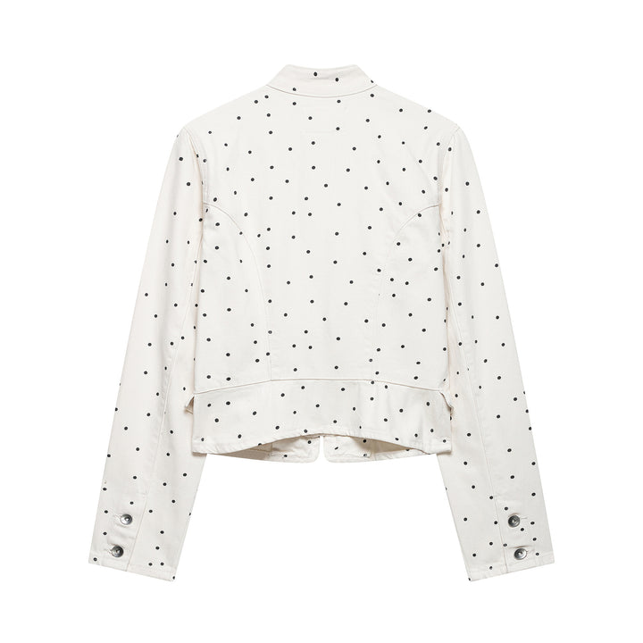 Women's Polka Dot Cropped Denim Jacket with Stand-up Collar, Zipper and Flap Pockets Amarae