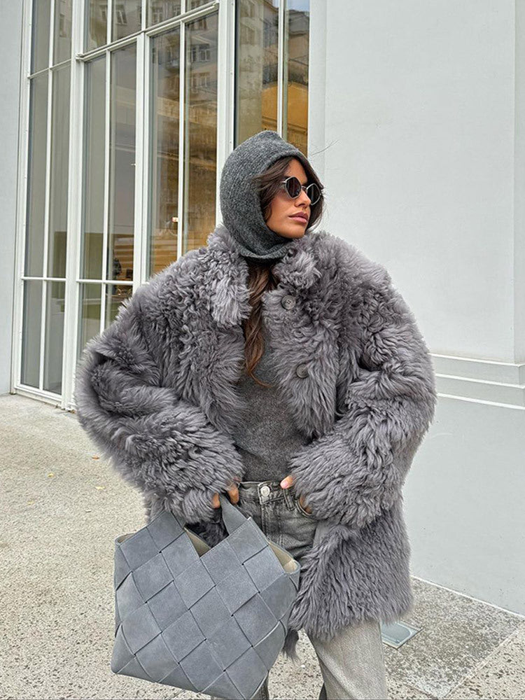 Women's Short Oversize Faux Fur Coat with Voluminous Curly Texture and Button Closure Amarae