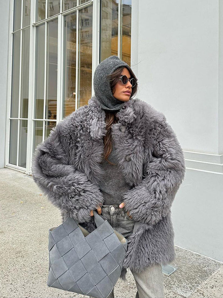 Women's Short Oversize Faux Fur Coat with Voluminous Curly Texture and Button Closure Amarae