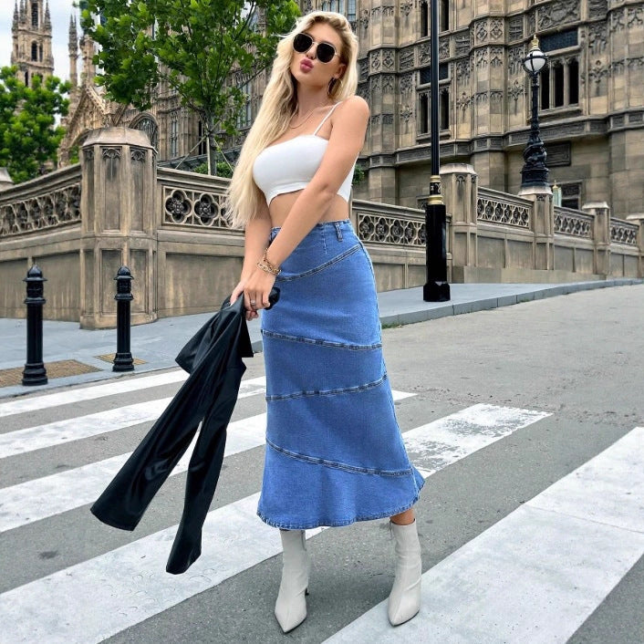 Women's waist-accentuating denim midi skirt with wave-shaped decorative seams and flared hem Amarae