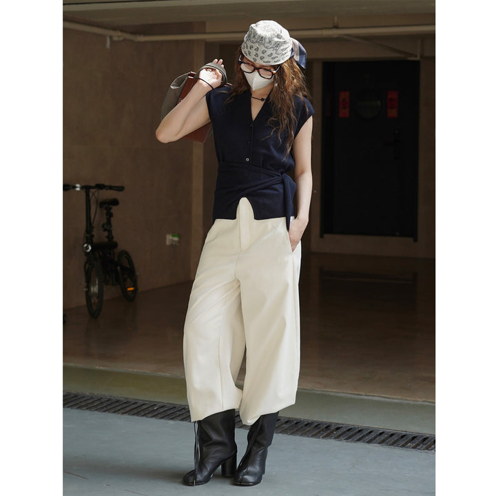 Women's Sleeveless Fine Knit Vest with V-Neck, Button Placket and Tie Waist Amarae