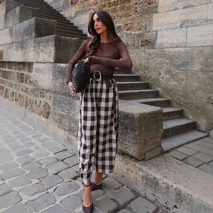 Women's Checked High-Waisted Palazzo Pants with Wide Leg & Pleats Amarae