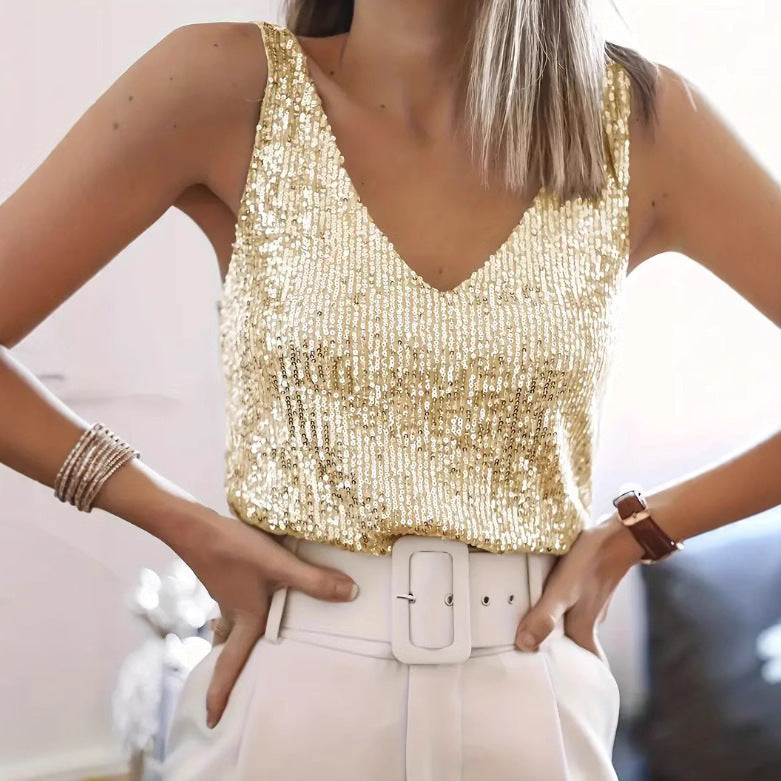 Ladies Sequins-V neck sleeveless top Lune London
