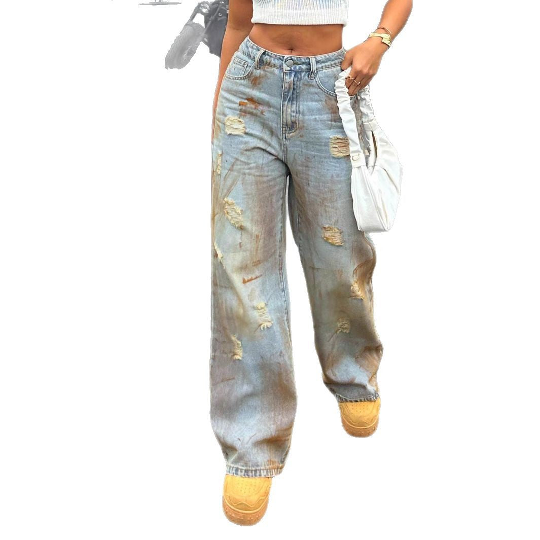 Women's high-cut wide-cut destroyed jeans with rust effect and casual fit Amarae