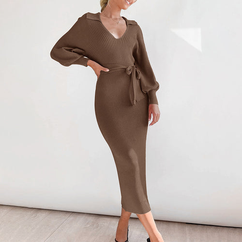 Knit dress for women with a waist belt and beautiful V-neck Amarae