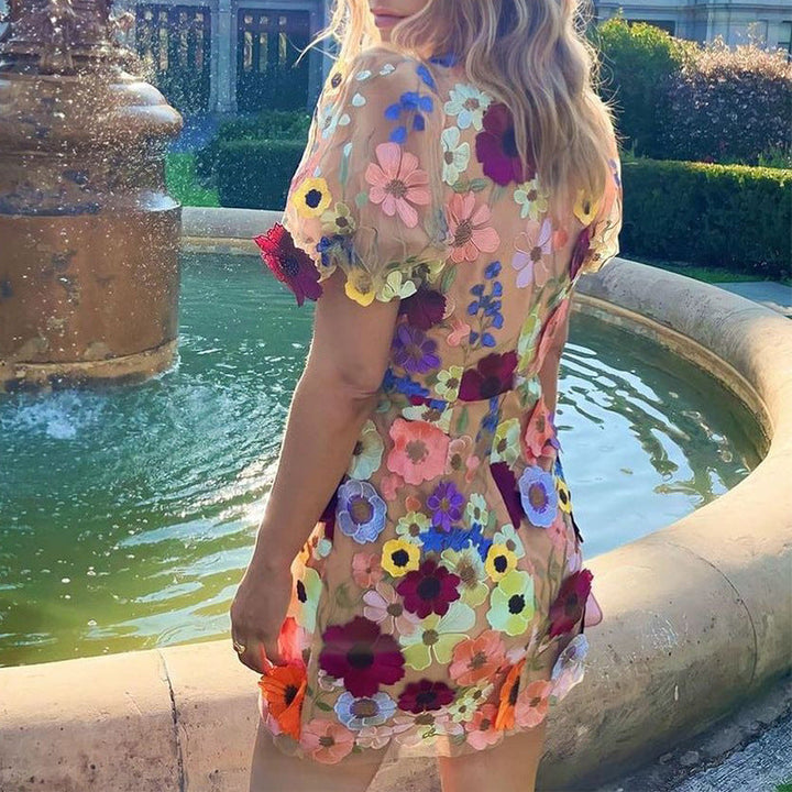 Lune London | 3D Flower Bodycon Lantern Sleeve Embroidered Dress