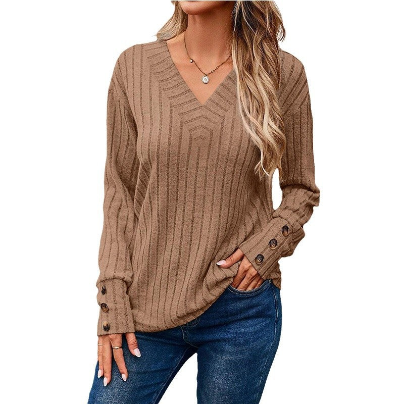 Women's Ribbed V-Neck Knit Sweater with Button Cuffs Amarae