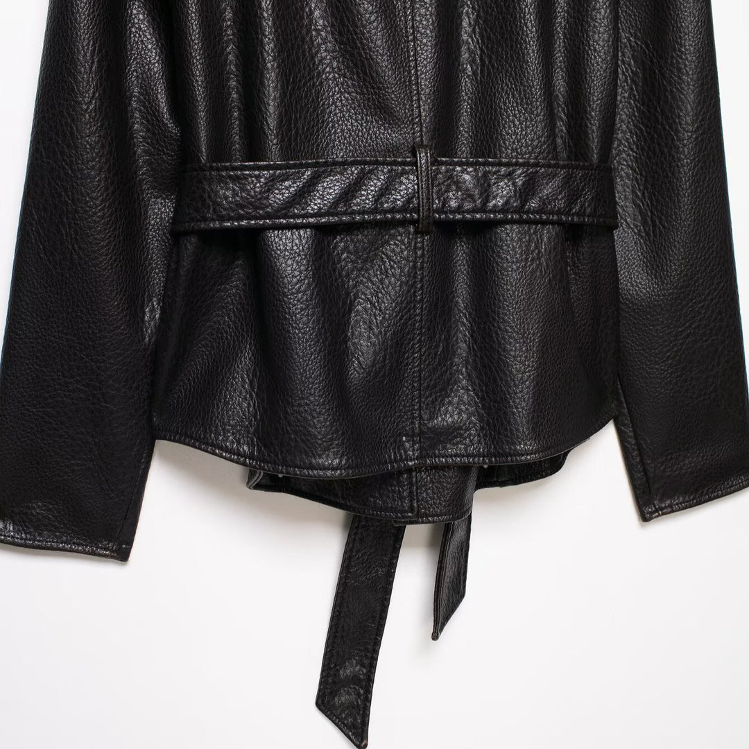 Women Short Jacket in Leather Look with Shawl Collar and Waist Tie Belt Amarae