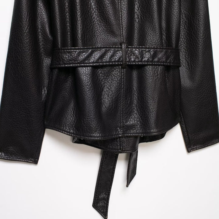Women Short Jacket in Leather Look with Shawl Collar and Waist Tie Belt Amarae