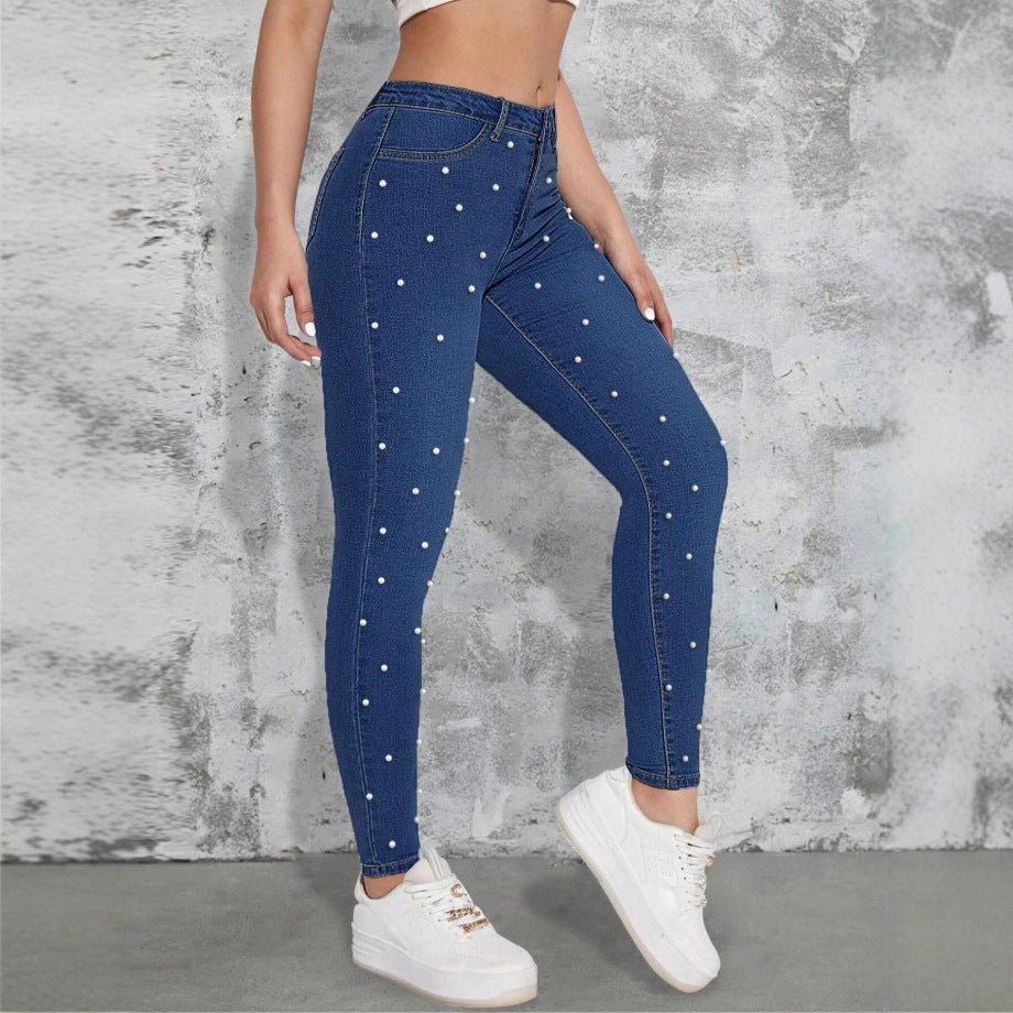 Ladies high-waisted skinny jeans with pearl embellishment Amarae