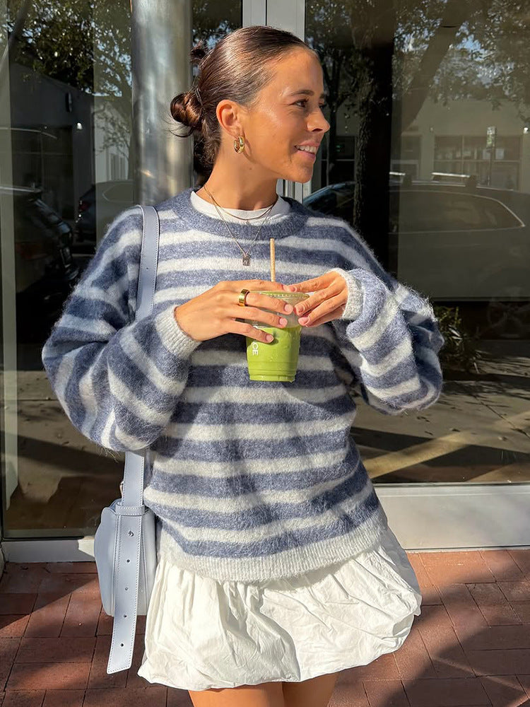 Women Striped Mohair-Mix Oversized Sweater with Balloon Sleeves Amarae