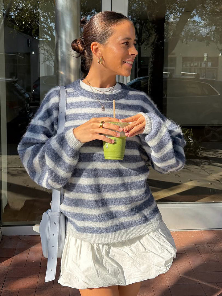 Women Striped Mohair-Mix Oversized Sweater with Balloon Sleeves Amarae