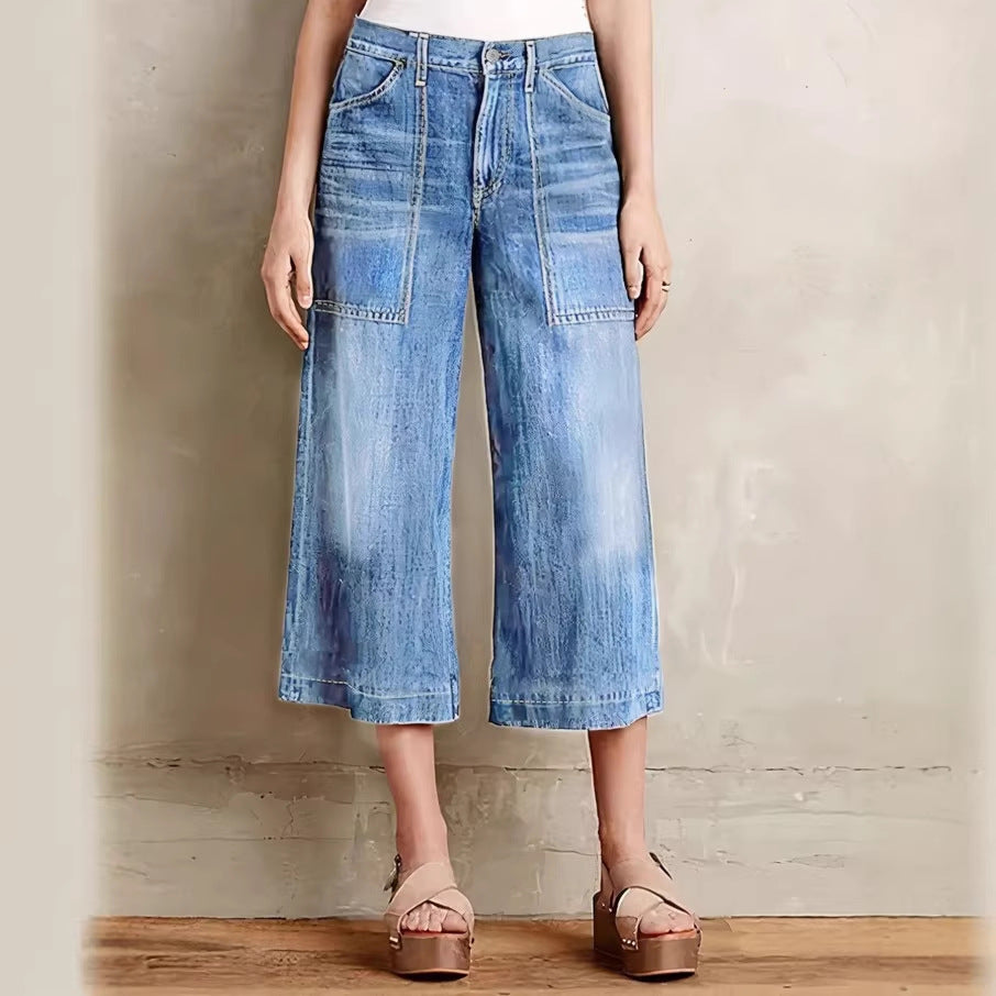 Ladies light vintage-inspired culotte jeans with visible seam panels and patch front pockets Amarae