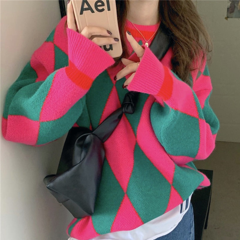 Pull-over tricoté surdimensionné pour femmes avec motif géométrique et contrastes de couleurs Chic & Stil