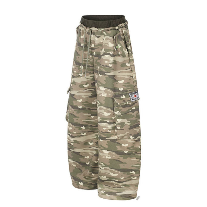 Women's Wide Cargo Pants with Heart Camouflage, Drawstring Waistband and Generous Pockets Amarae