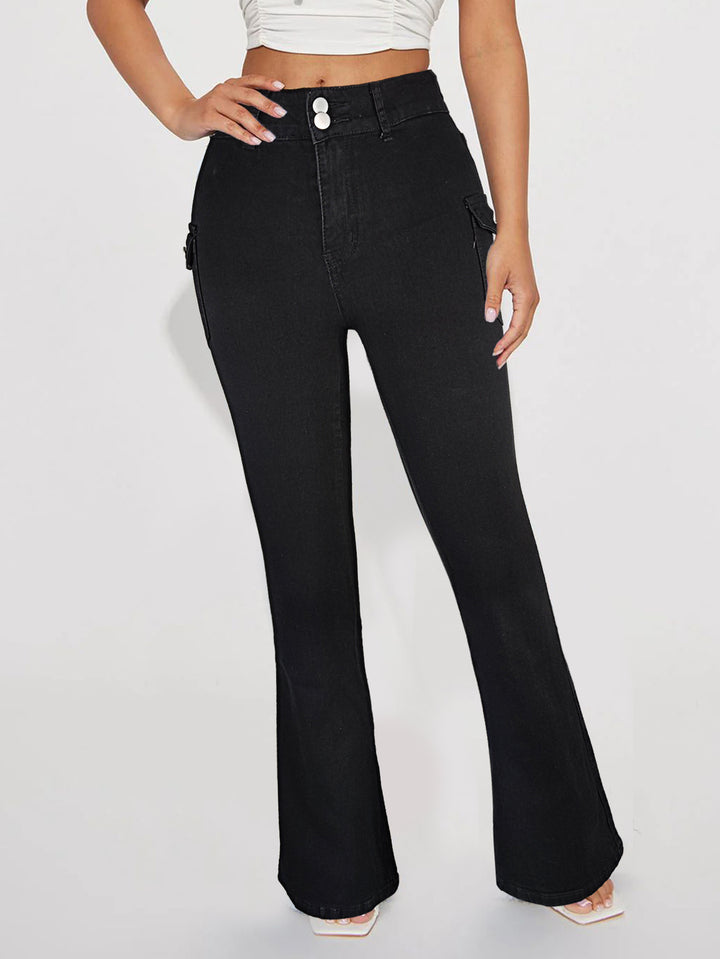 Women's High-Waisted Flared Denim Pants with Side Cargo Flap Pockets & Double Button Amarae