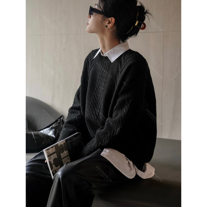 Women chunky knit boxy sweater with cable pattern, balloon sleeves and ribbed hem Amarae