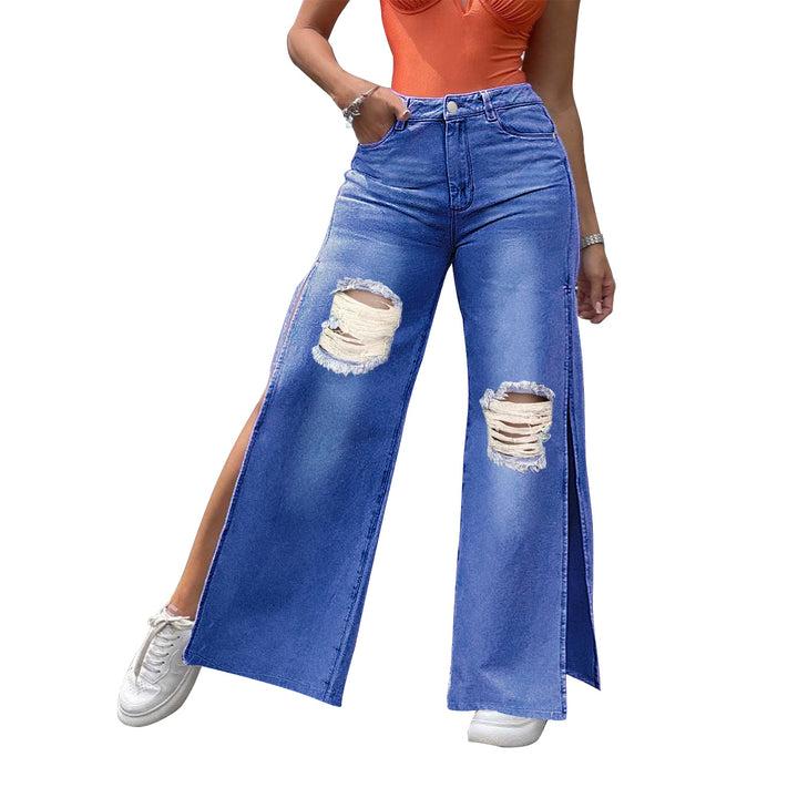 Ladies High-Waisted Wide-Leg Jeans with Knee Rips and Side Slits Amarae
