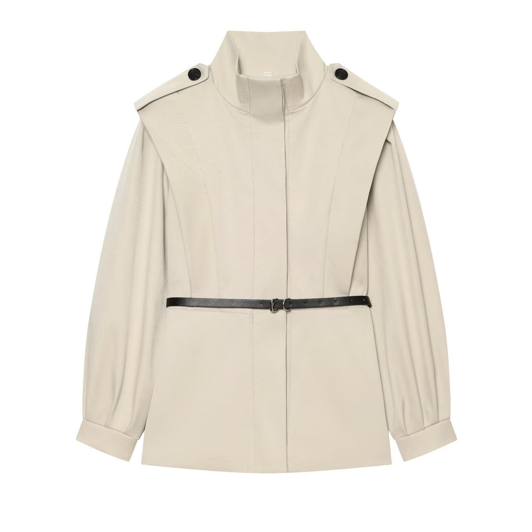 Women Short Cape Trench with High Funnel Collar and Waist Belt Amarae