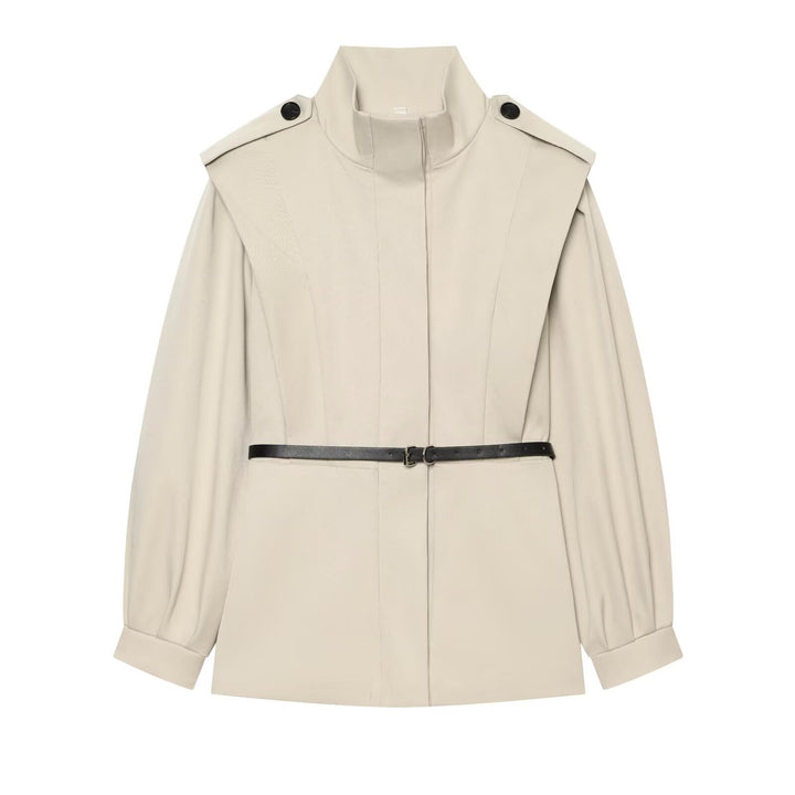 Women Short Cape Trench with High Funnel Collar and Waist Belt Amarae
