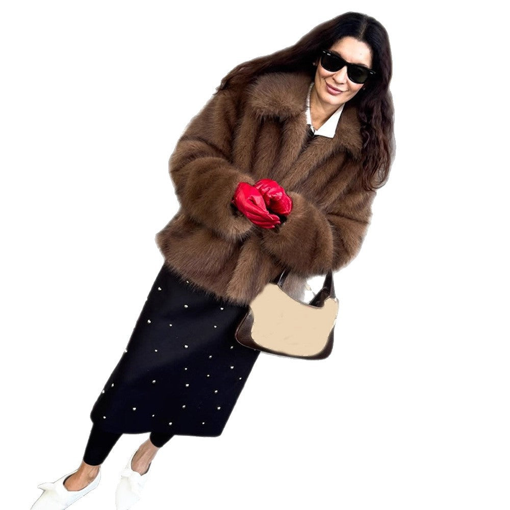 Women's Short Cut Voluminous Faux Fur Coat with Wide Shawl Collar Amarae