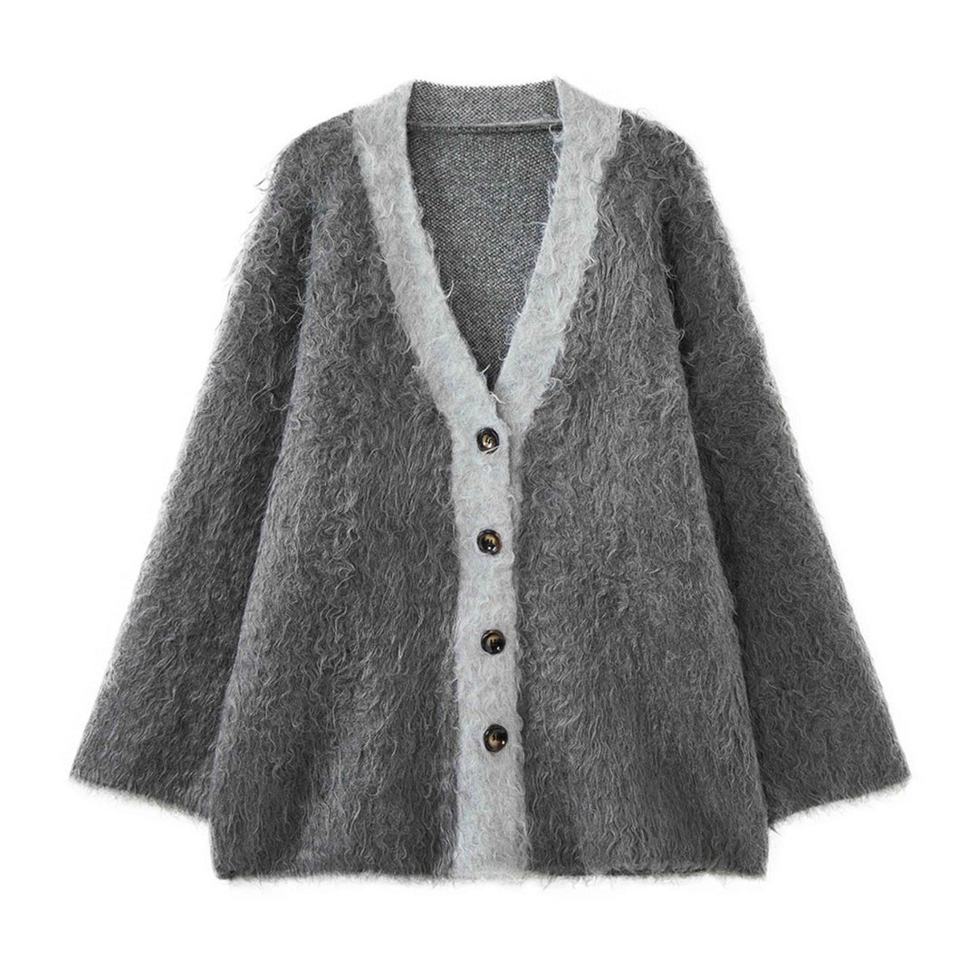 Women's Fluffy Long-Hair Knit Cardigan with Button Placket and Oversized Silhouette Amarae