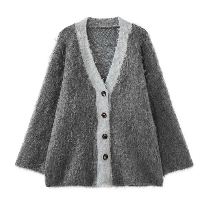 Women's Fluffy Long-Hair Knit Cardigan with Button Placket and Oversized Silhouette Amarae