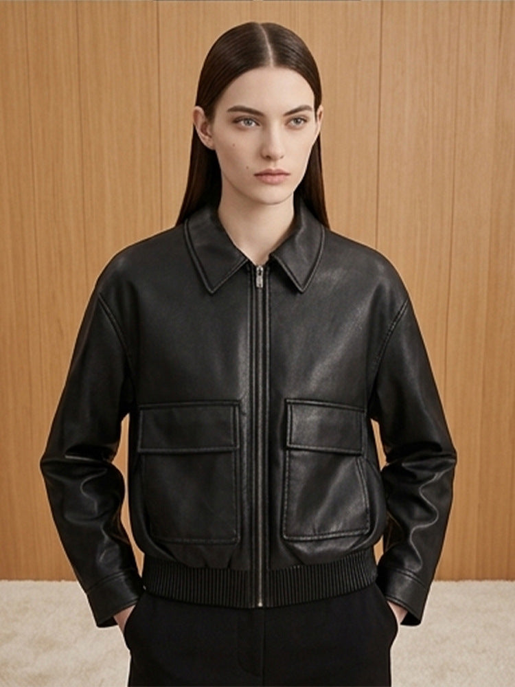 Women's short jacket made of faux leather in bomber style with ribbed hem and patch pockets Amarae