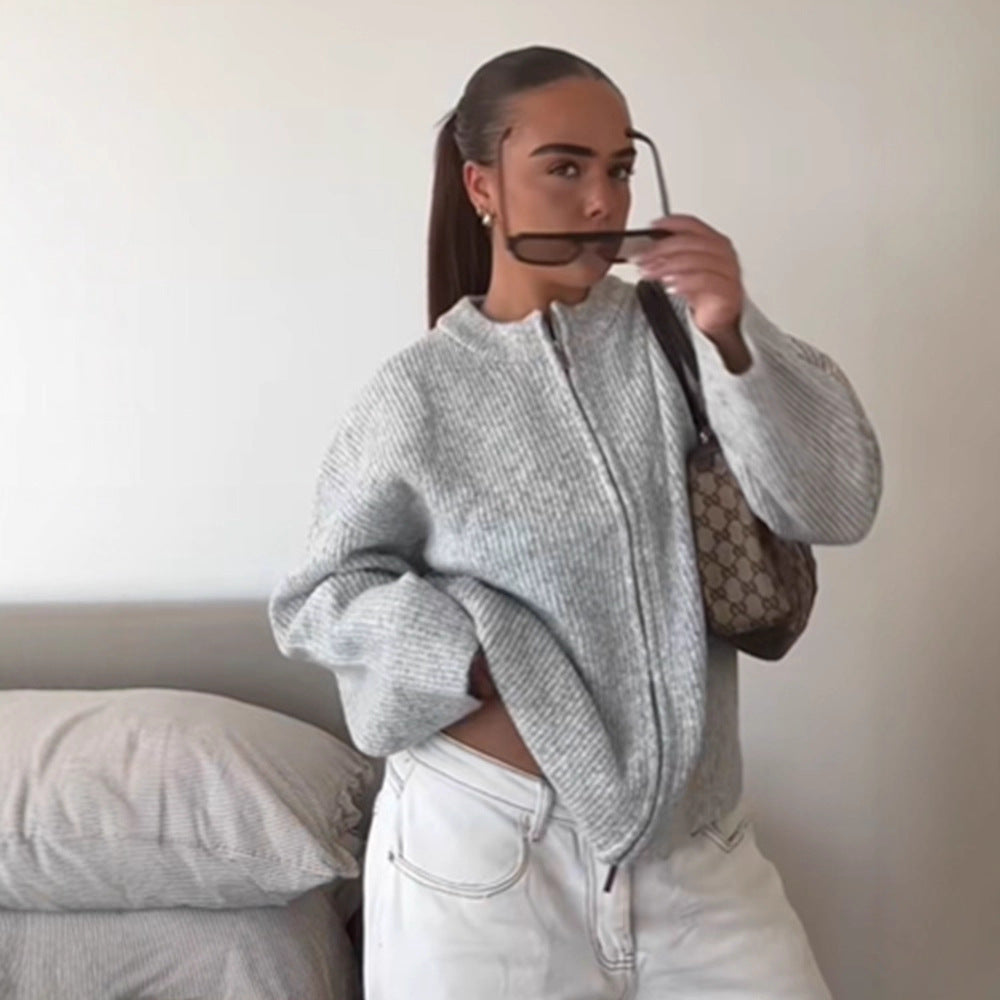 Women's Chunky Knit Zipper Cardigan with Oversized Cut Amarae