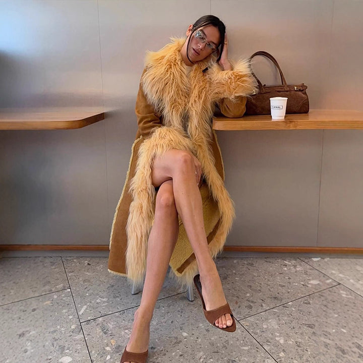 Women Long Shearling Imitation Coat with Voluminous Shawl Collar and Plush Cuffs Amarae