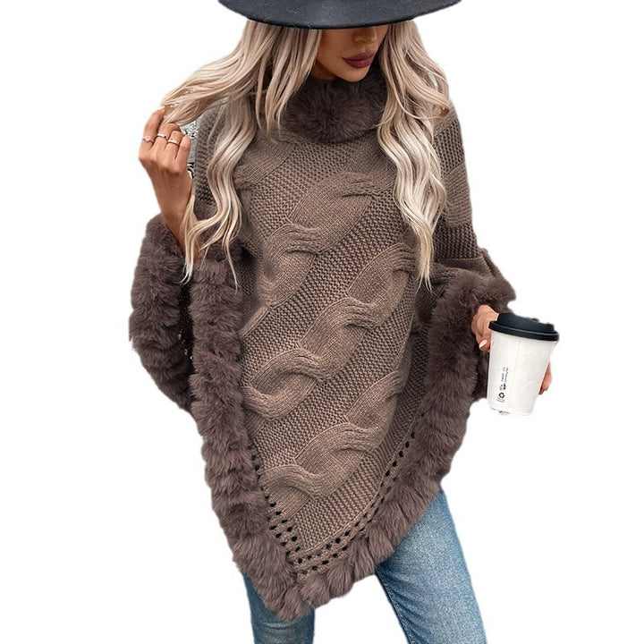 Ladies cozy poncho sweater with soft faux fur trim and cable knit pattern Lune London