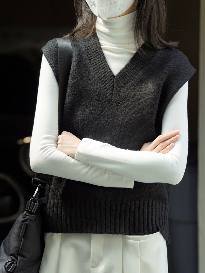 Women's Sleeveless Fine Knit Vest with V-Neck and Ribbed Hem Amarae