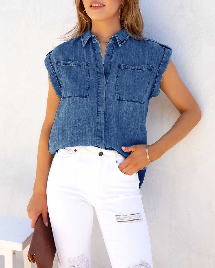 Chemisier à manches courtes pour femmes en denim avec poches poitrine Chic & Stil