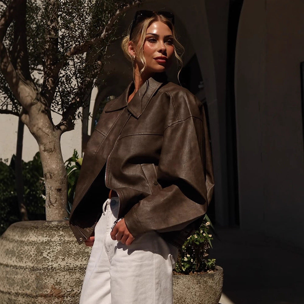 Women Boxy Cropped Faux Leather Blouson with Oversized Shoulder Amarae
