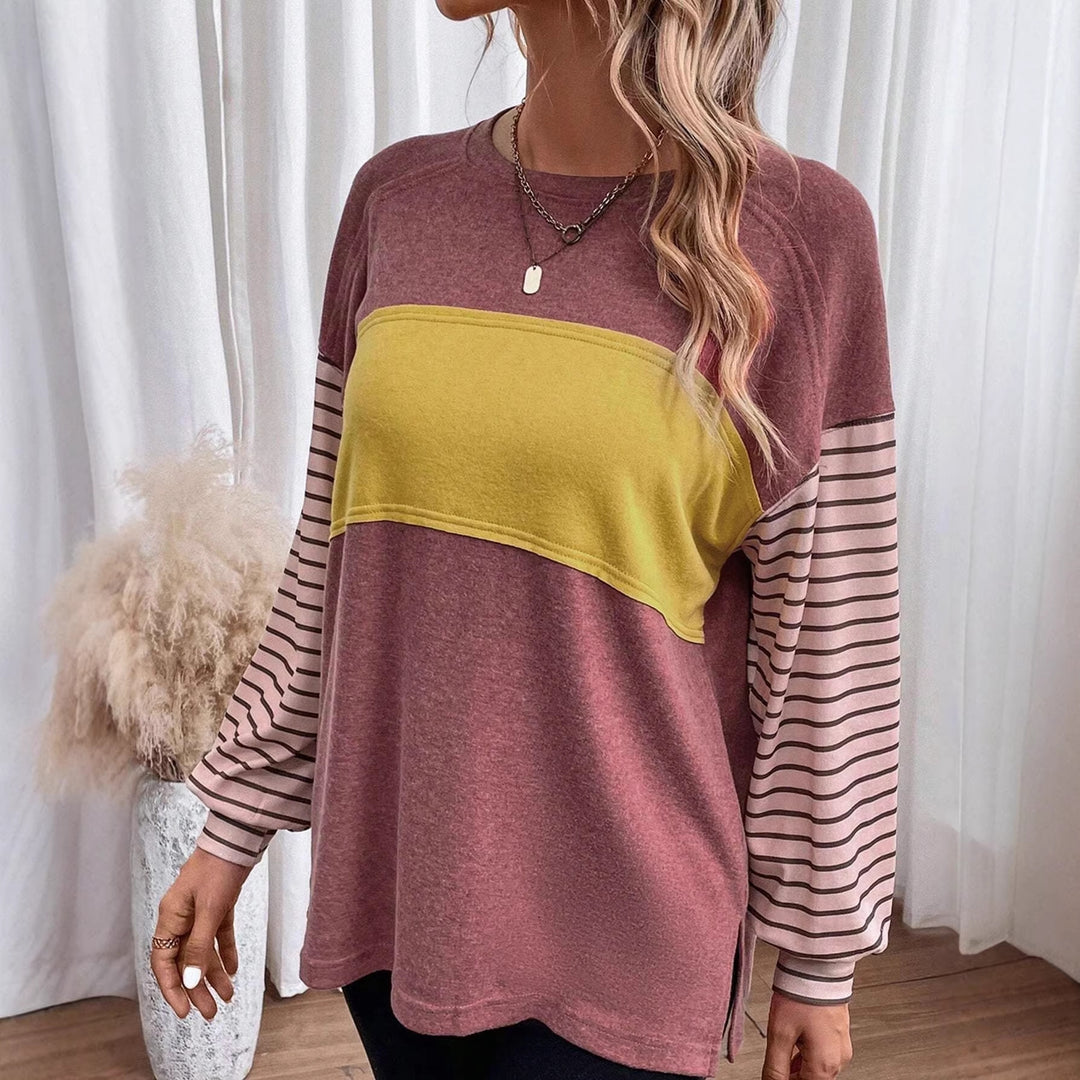 Women's Loose Colorblock Sweatshirt with Striped Sleeves and Round Neck Amarae