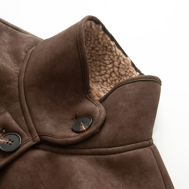 Women's Short Lambskin-Look Jacket with Stand-up Collar and Button Placket Amarae